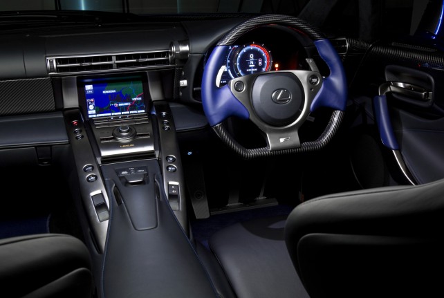 Lexus LFA supercar featuring black and blue interior
