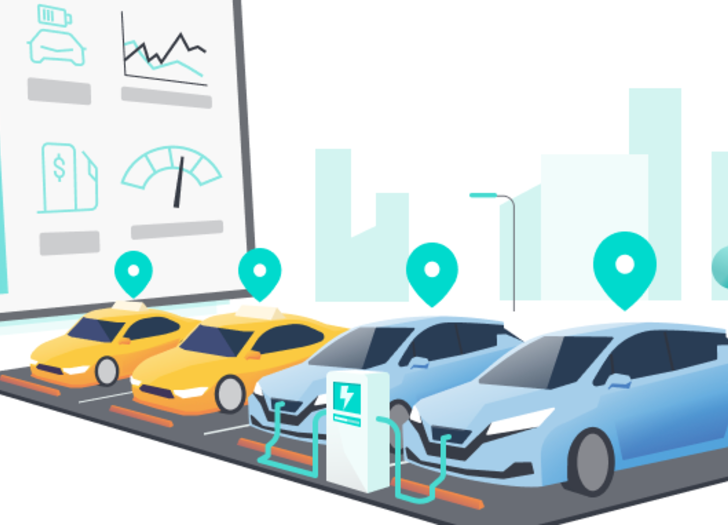 An illustration showing a row of electric cars parked at a charging station