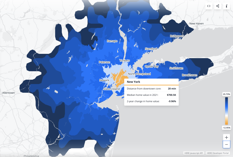 How we built a map showing commute times to downtown core and housing costs