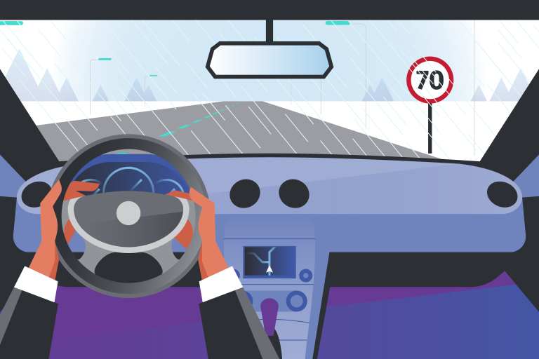 Dashboard showing speed limit with bad weather conditions during the day