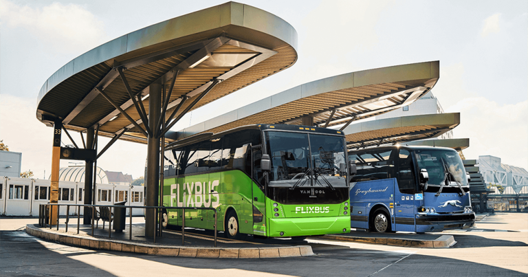 A FlixBus parked at a bus station.