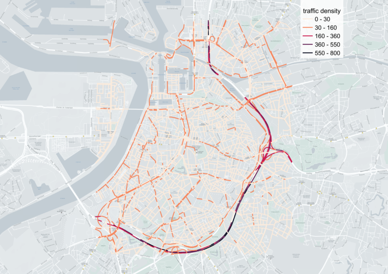 The darker the colors on this map, the higher the traffic flow.
