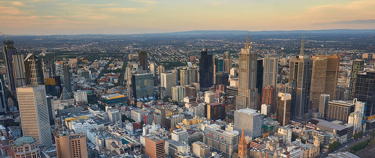 Australian city showing streets and skyscrapers from above