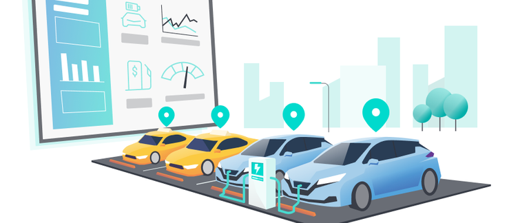 An illustration showing a row of electric cars parked at a charging station