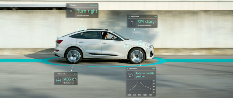 A woman driving an electric car with graphic overlay detailing trip/vehicle data including remaining battery charge,