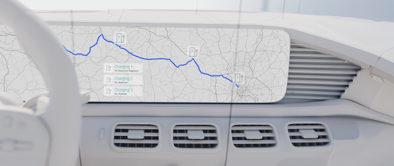 A view of an electric vehicle's dashboard displaying battery health along the current route.