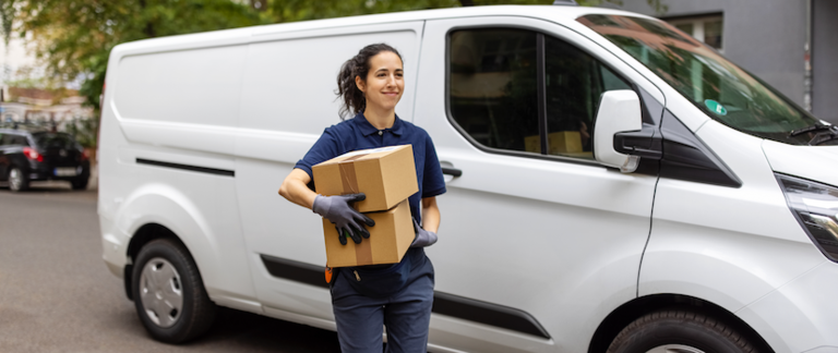 A van driver delivering packages in a suburban neighborhood.