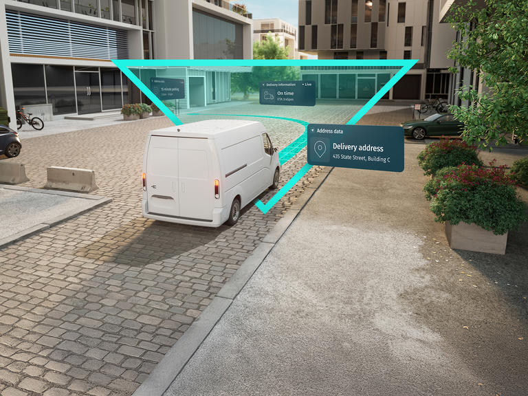 A white delivery van is guided by HERE location data.