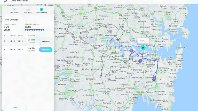 HERE map of delivery route
