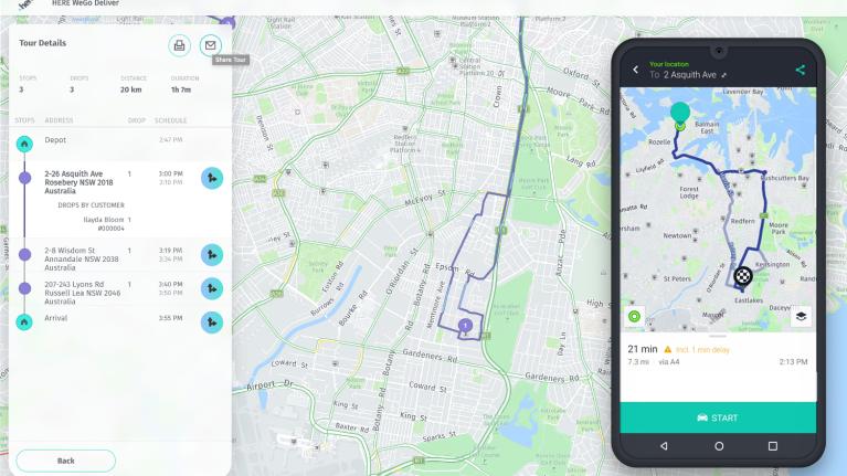 HERE map of delivery route and mobile version