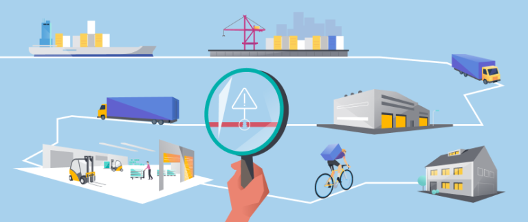 A graphic illustrating the supply chain journey: a container ship, port, truck, warehouse, truck, distribution center, bike, house — a hand holding a magnifying glass floats above the supply chain, identifying the source of possible disruption.