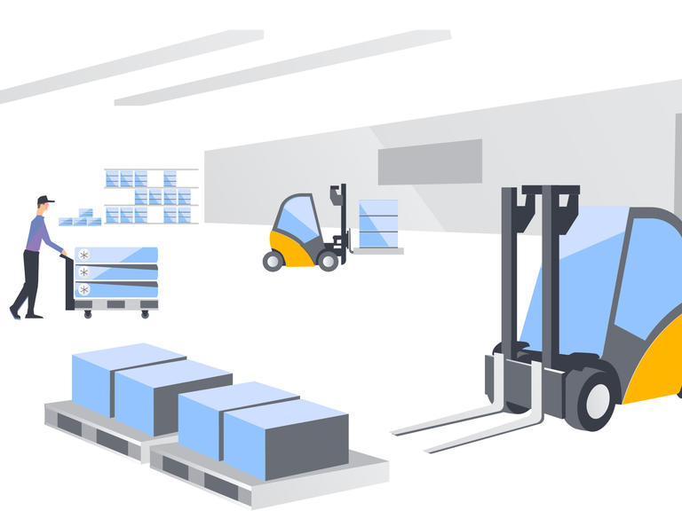 An illustration of activity in a warehouse.